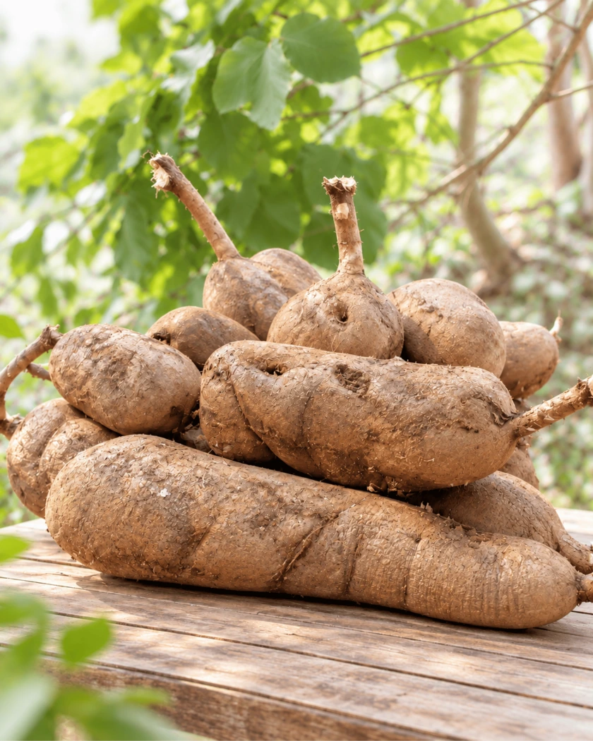 Freshly harvested whole White Kwao Krua (Pueraria mirifica) tubers stacked on a wooden table outdoors.