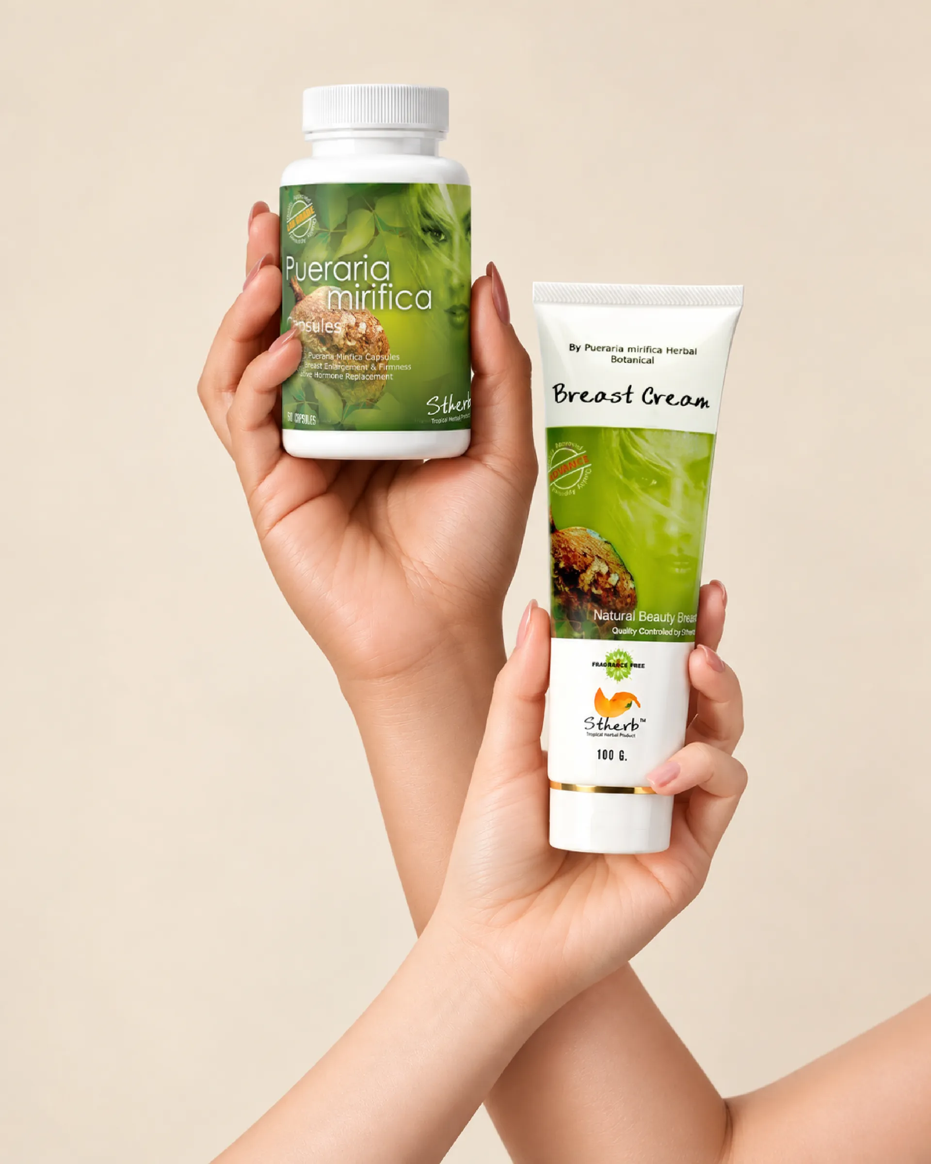Two hands holding a bottle of Pueraria mirifica capsules and a tube of breast cream