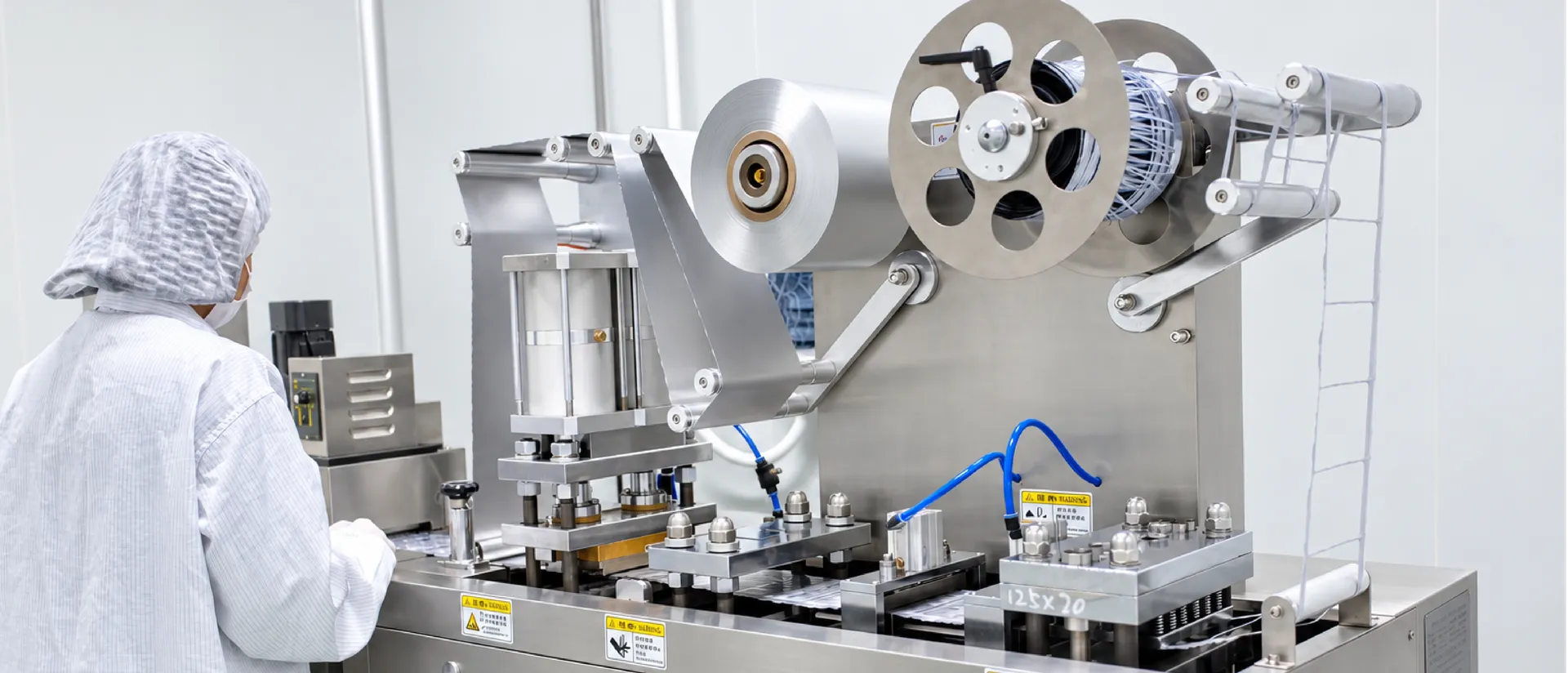 Cleanroom worker operating a blister-packing machine on the production line