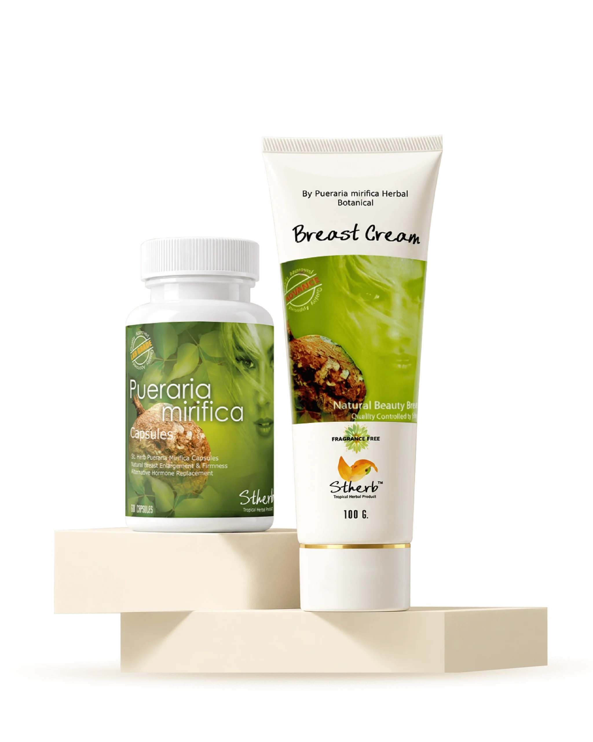 Pueraria mirifica capsules and Breast Cream 100 g on cream display blocks