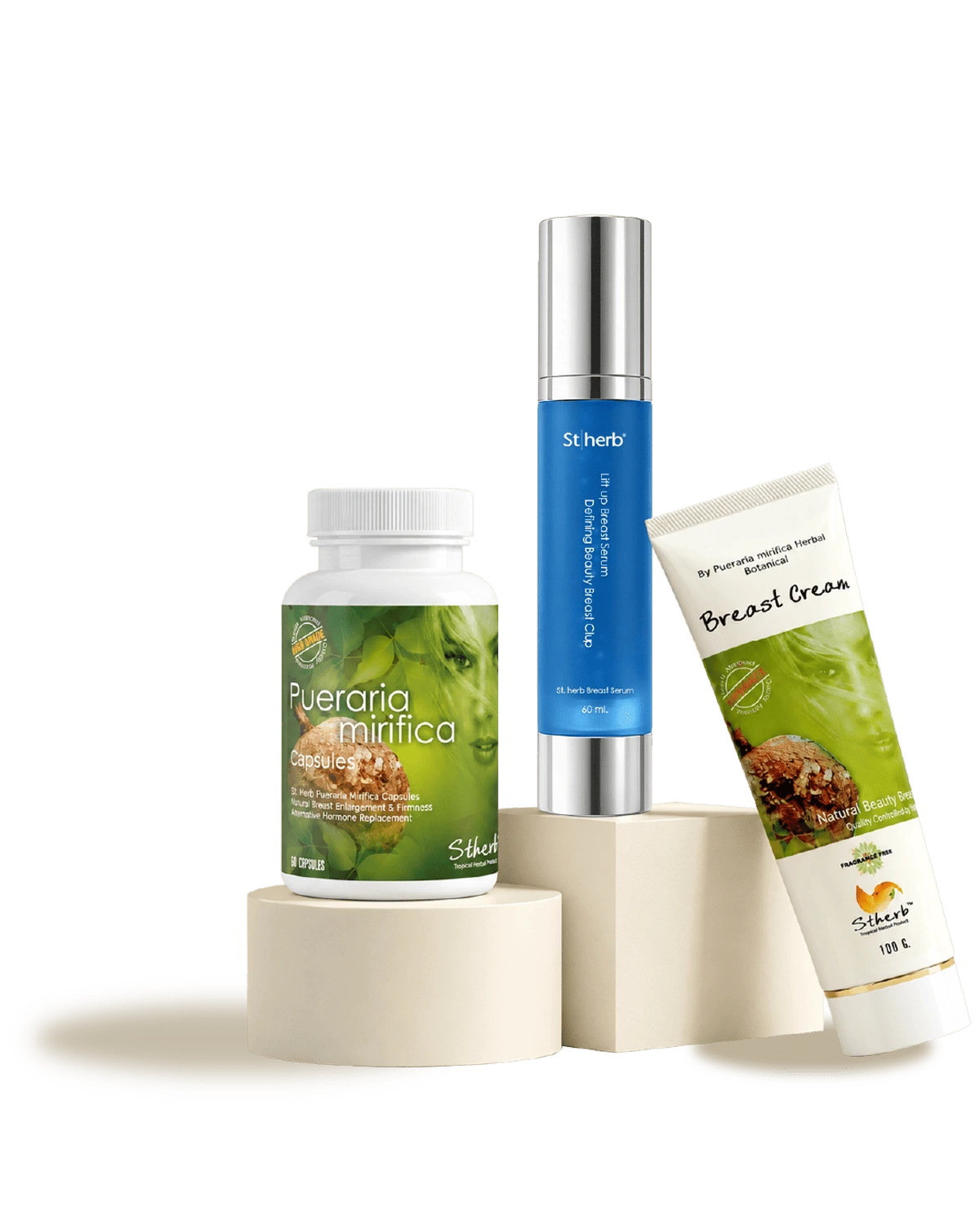 Pueraria mirifica capsules, Breast Serum and Breast Cream on cream display stands