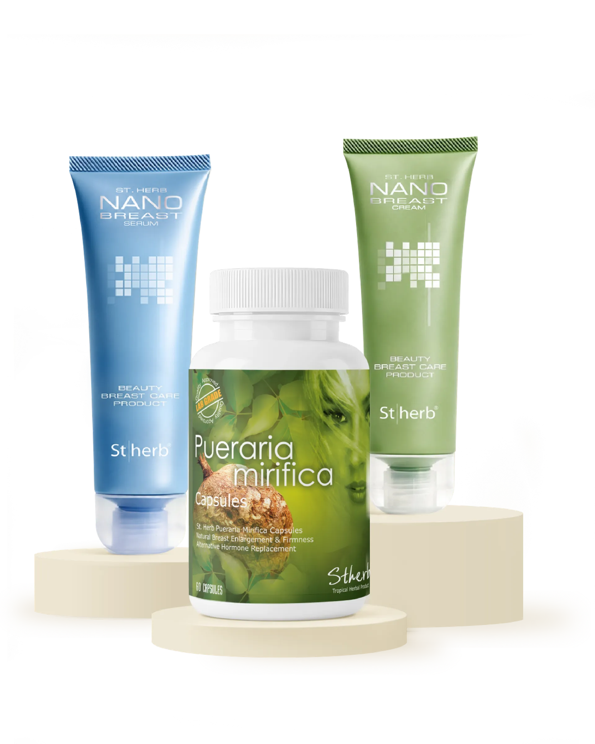 Pueraria mirifica capsules with Nano breast serum and Nano breast cream on cream pedestals