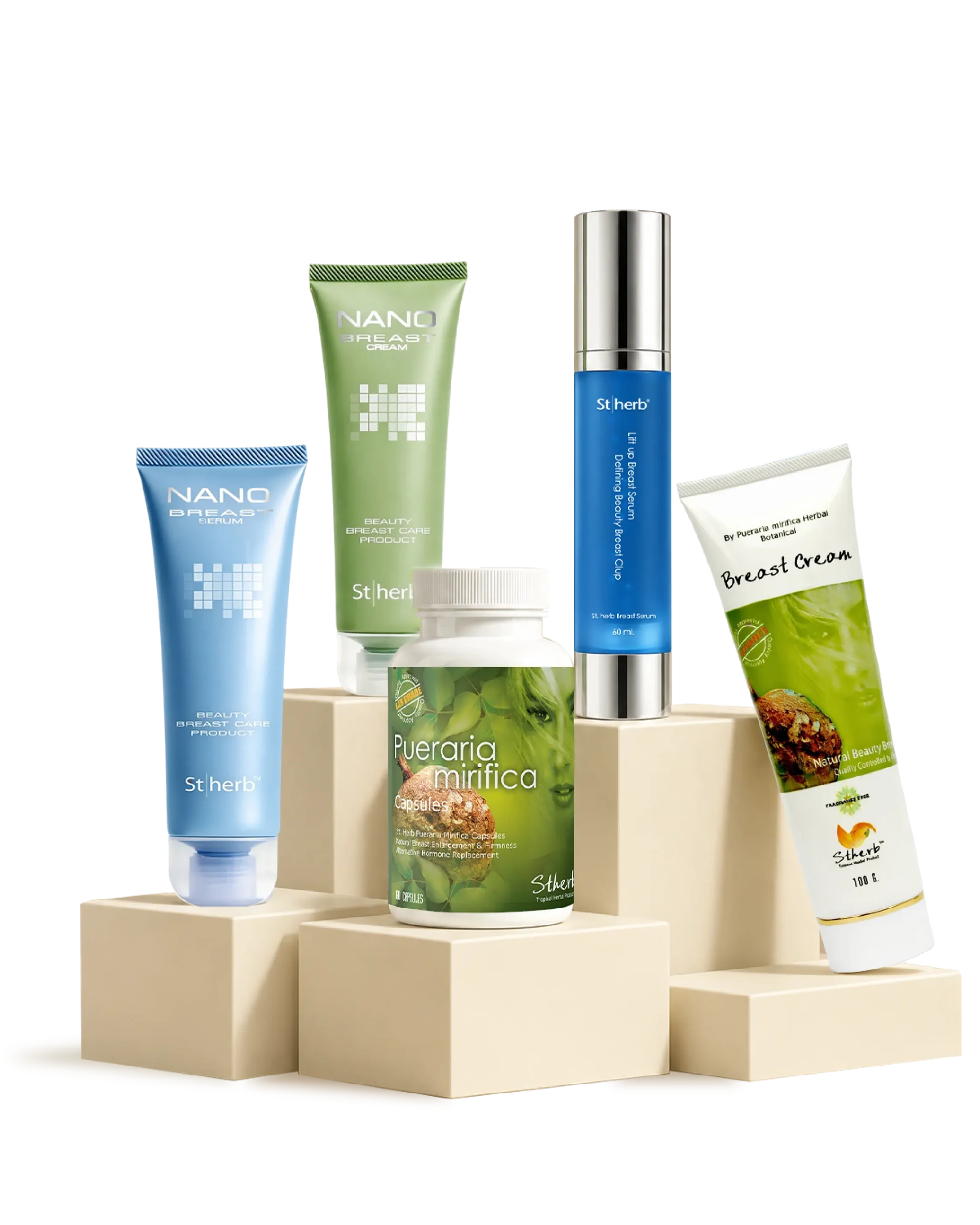 Pueraria mirifica capsules, Breast Serum and Breast Cream on cream display blocks