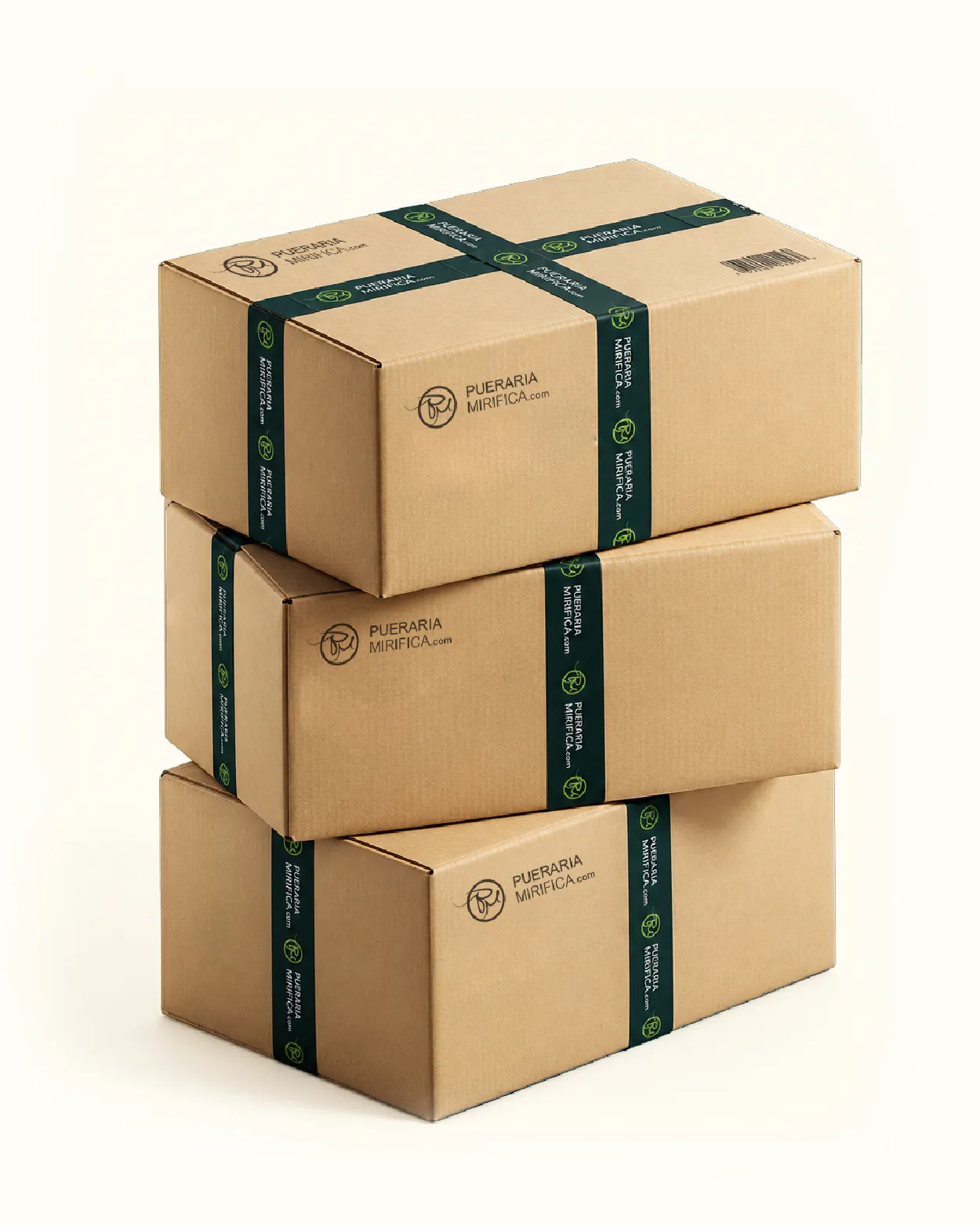 Three stacked shipping boxes sealed with Pueraria Mirifica tape, ready to ship