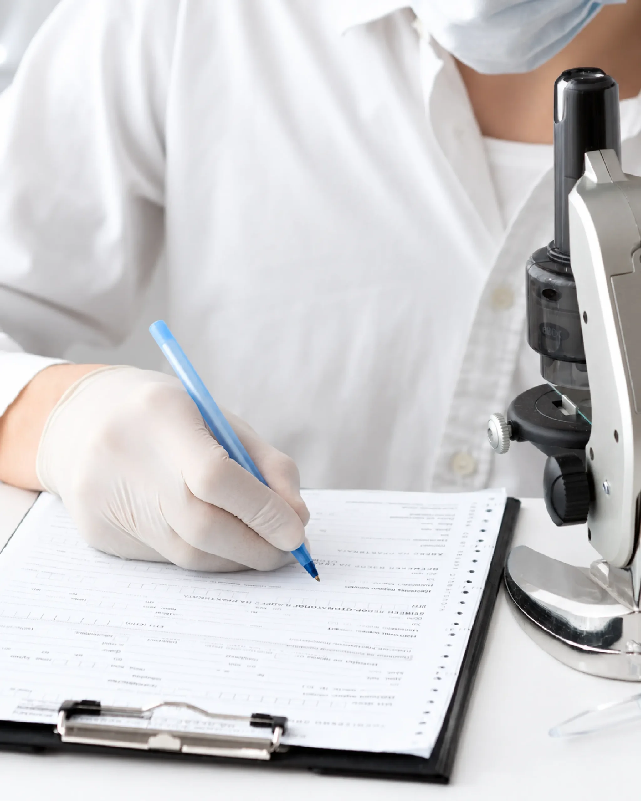Lab technician in gloves recording results on a clipboard beside a microscope
