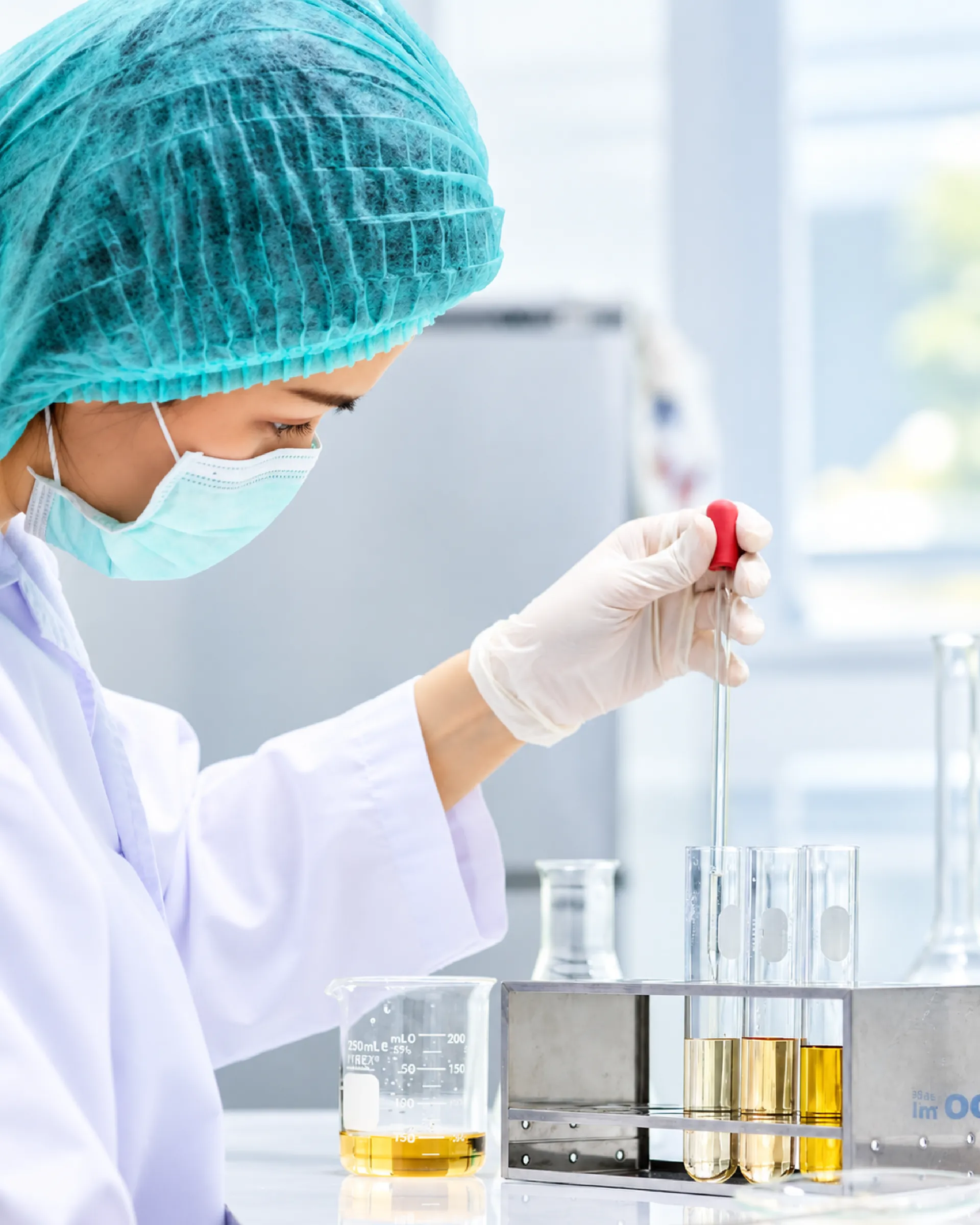 Lab technician in a hairnet and mask pipetting root extract samples into test tubes